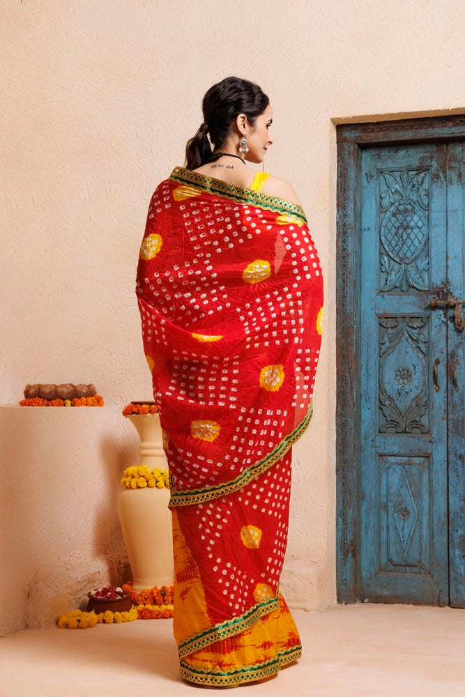 Red-Yellow Bandhani Pre-Draped Silk Saree