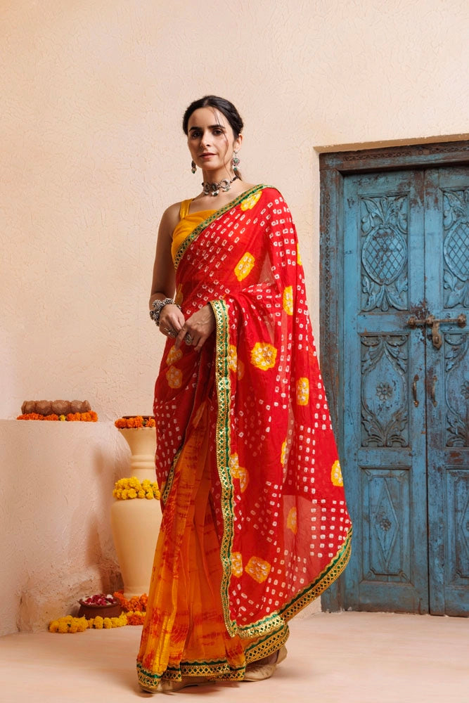 Red-Yellow Bandhani Pre-Draped Silk Saree