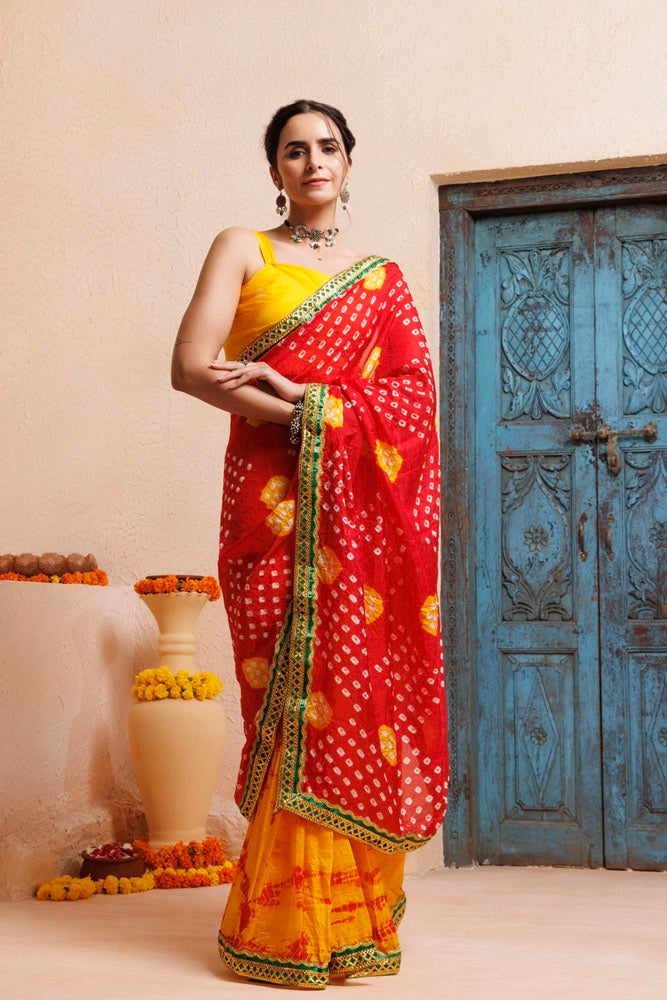 Red-Yellow Bandhani Pre-Draped Silk Saree