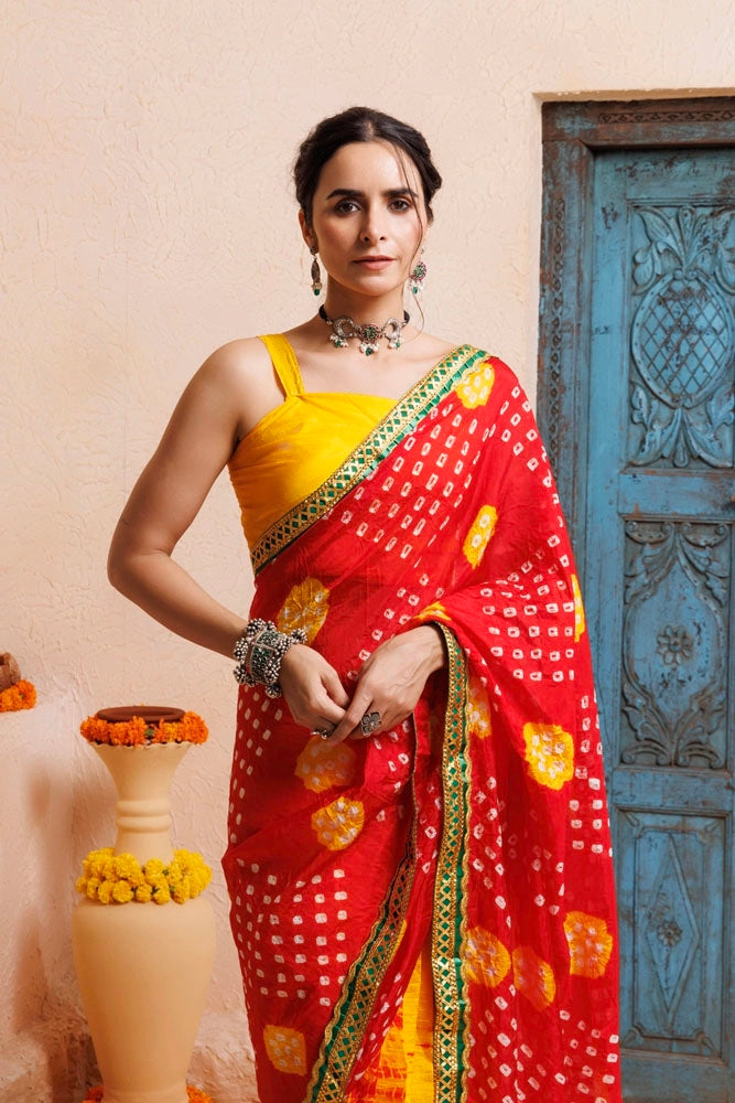 Red-Yellow Bandhani Pre-Draped Silk Saree