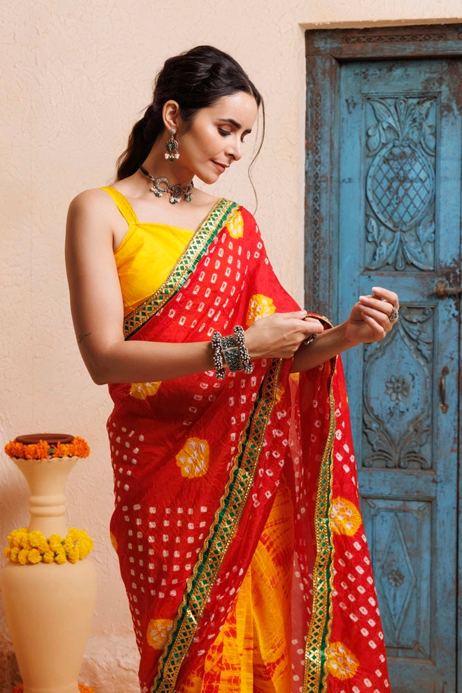 Red-Yellow Bandhani Pre-Draped Silk Saree