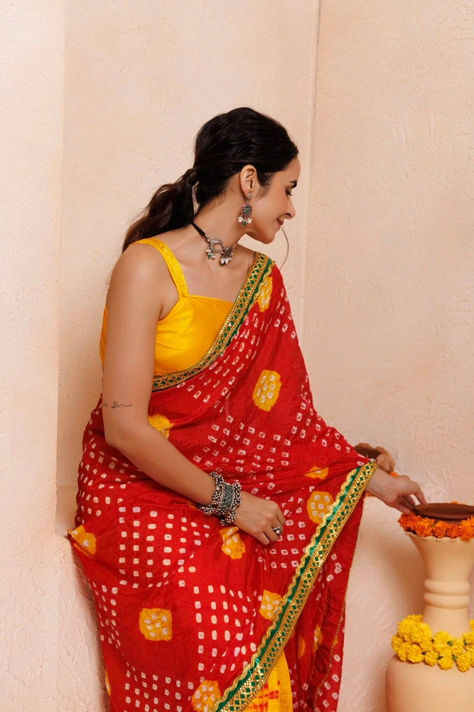 Red-Yellow Bandhani Pre-Draped Silk Saree