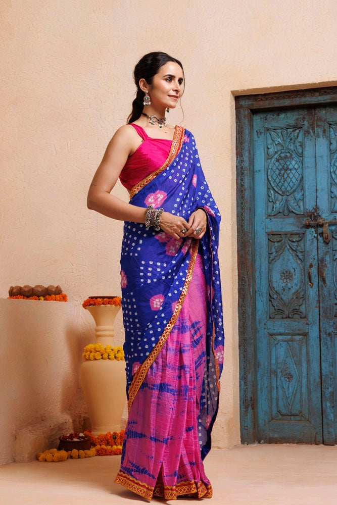 Pink-Blue Shibori Bandhani Draped Silk Saree