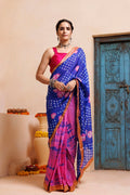Pink-Blue Shibori Bandhani Draped Silk Saree