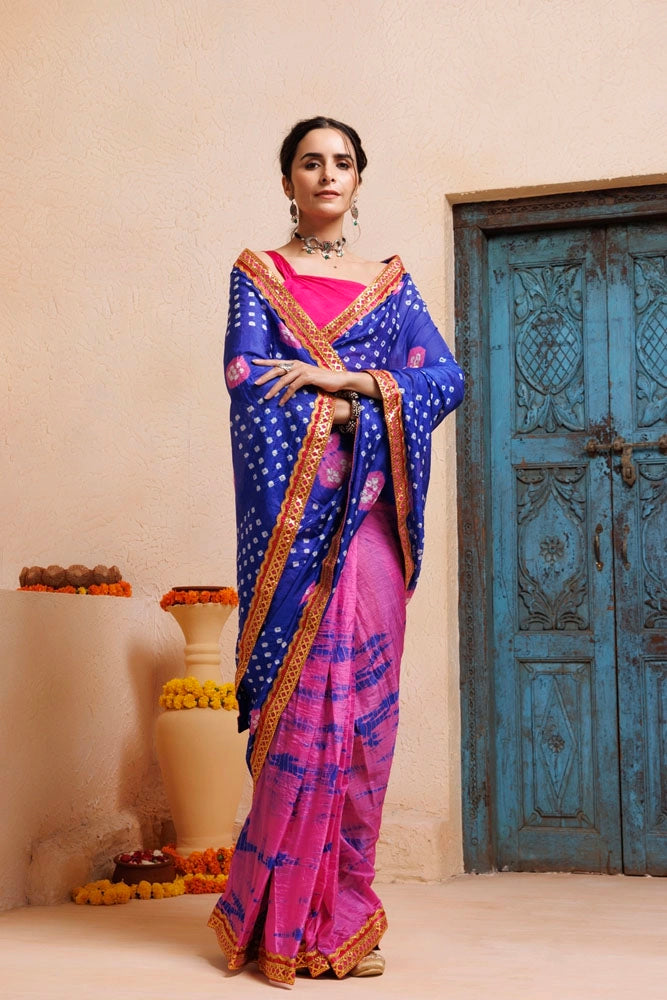 Pink-Blue Shibori Bandhani Draped Silk Saree