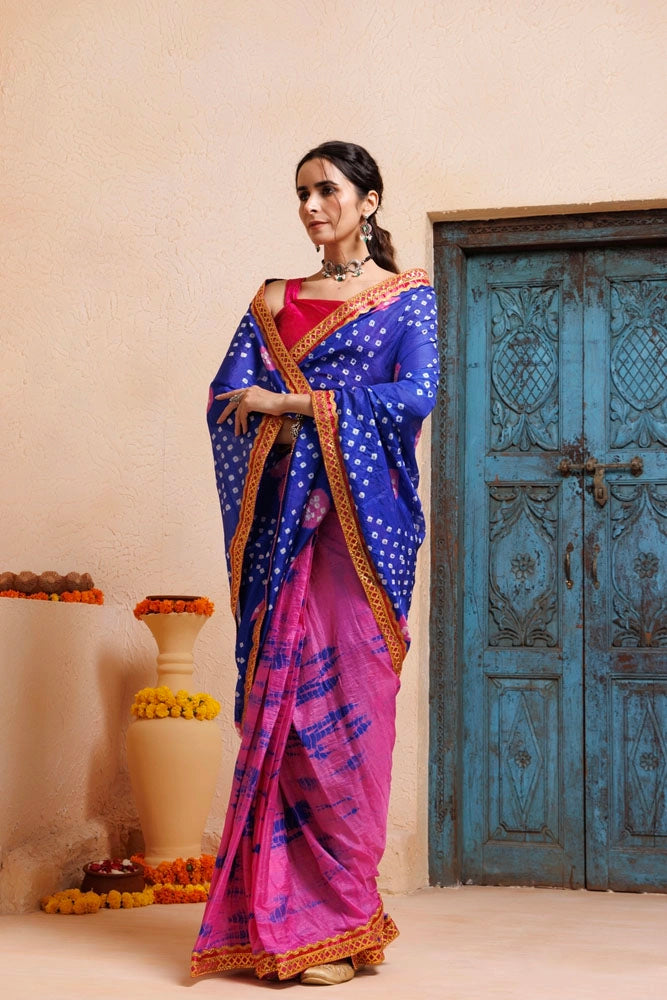 Pink-Blue Shibori Bandhani Draped Silk Saree