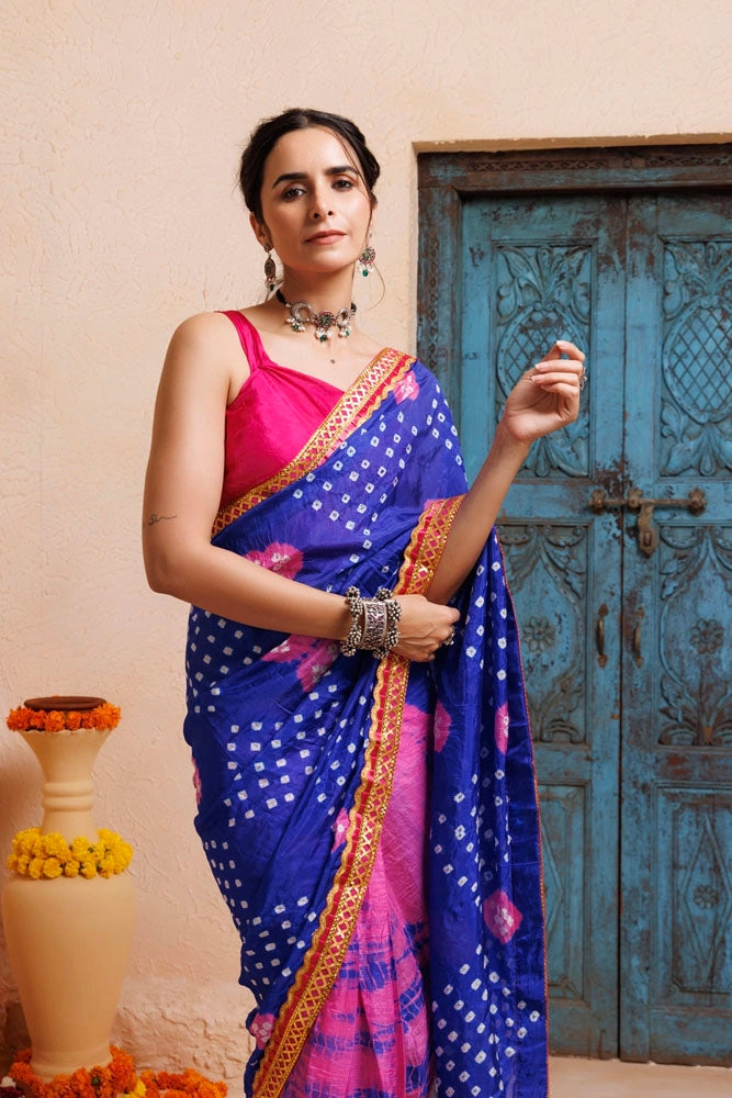Pink-Blue Shibori Bandhani Draped Silk Saree