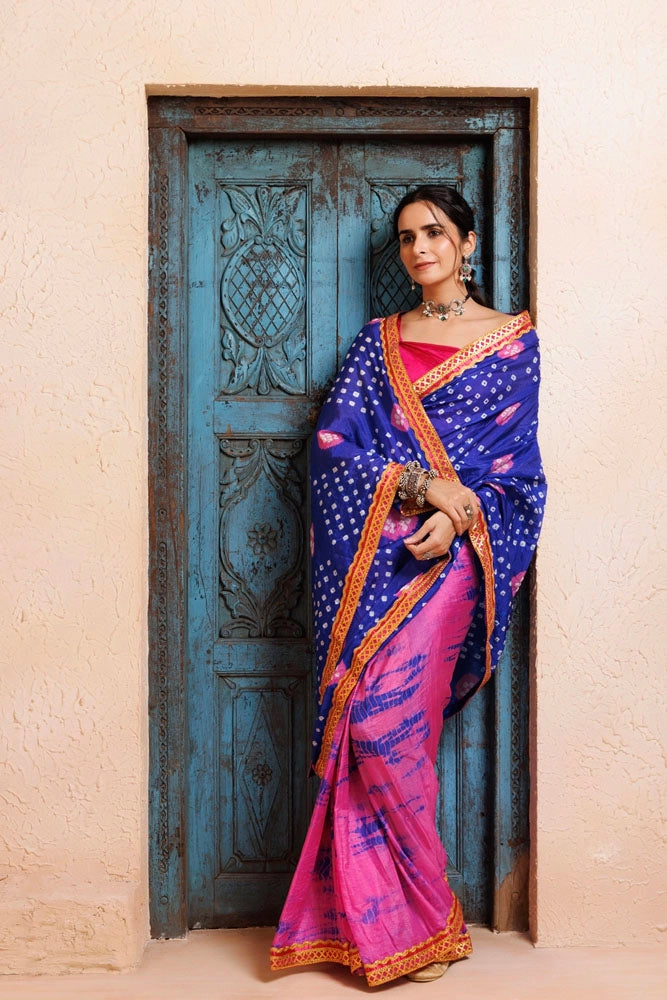 Pink-Blue Shibori Bandhani Draped Silk Saree