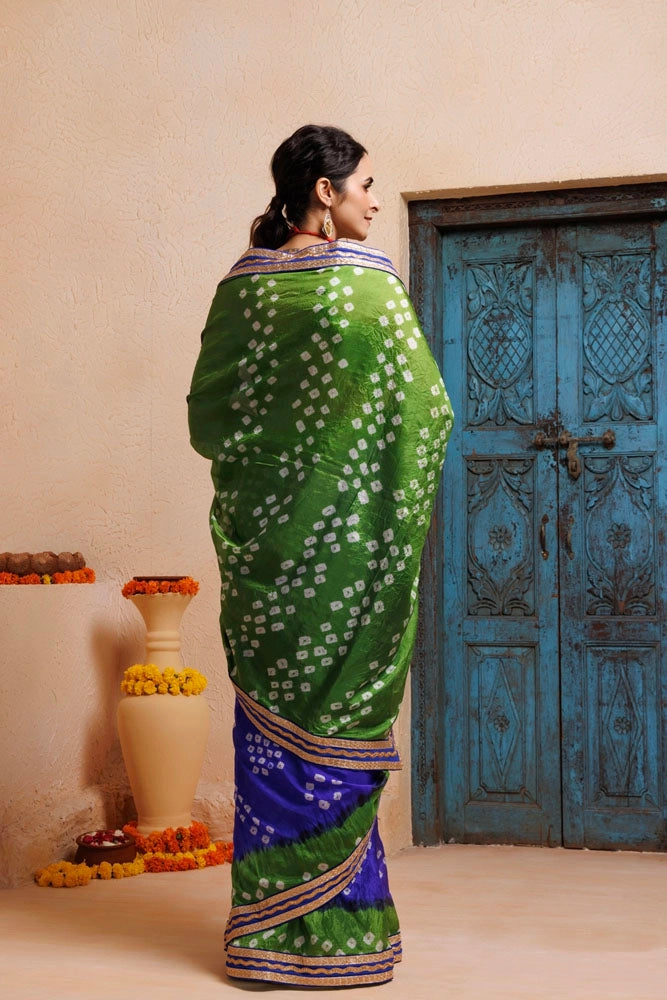 Blue-Green Handwoven Bandhani Silk Saree