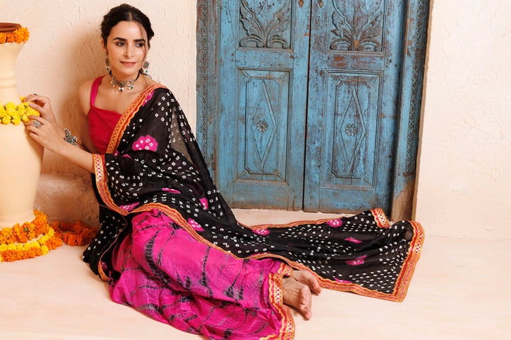 Pink-Black Shibori Bandhani Draped Silk Saree