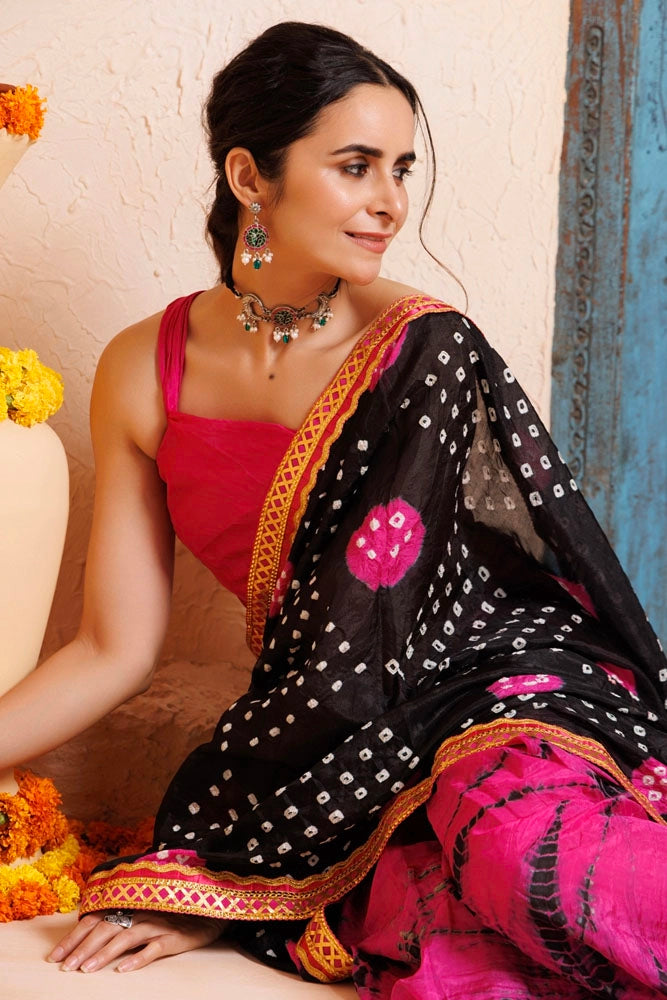 Pink-Black Shibori Bandhani Draped Silk Saree