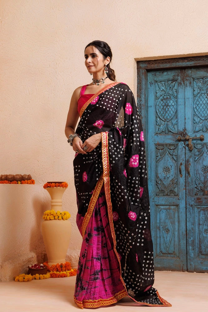 Pink-Black Shibori Bandhani Draped Silk Saree
