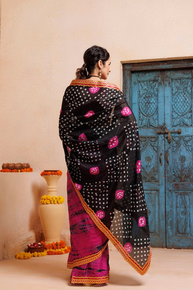 Pink-Black Shibori Bandhani Draped Silk Saree