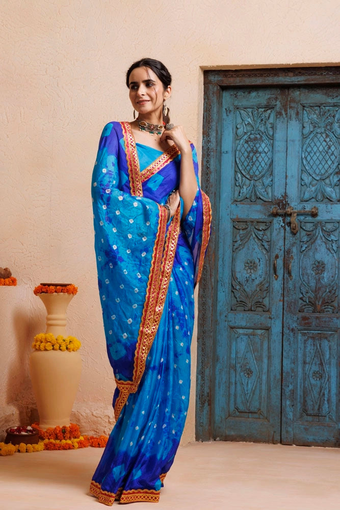 Blue-Turquoise Blue Handwoven Bandhani Silk Saree