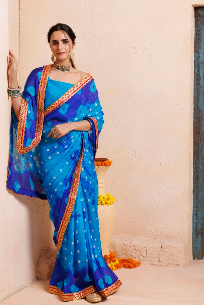 Blue-Turquoise Blue Handwoven Bandhani Silk Saree