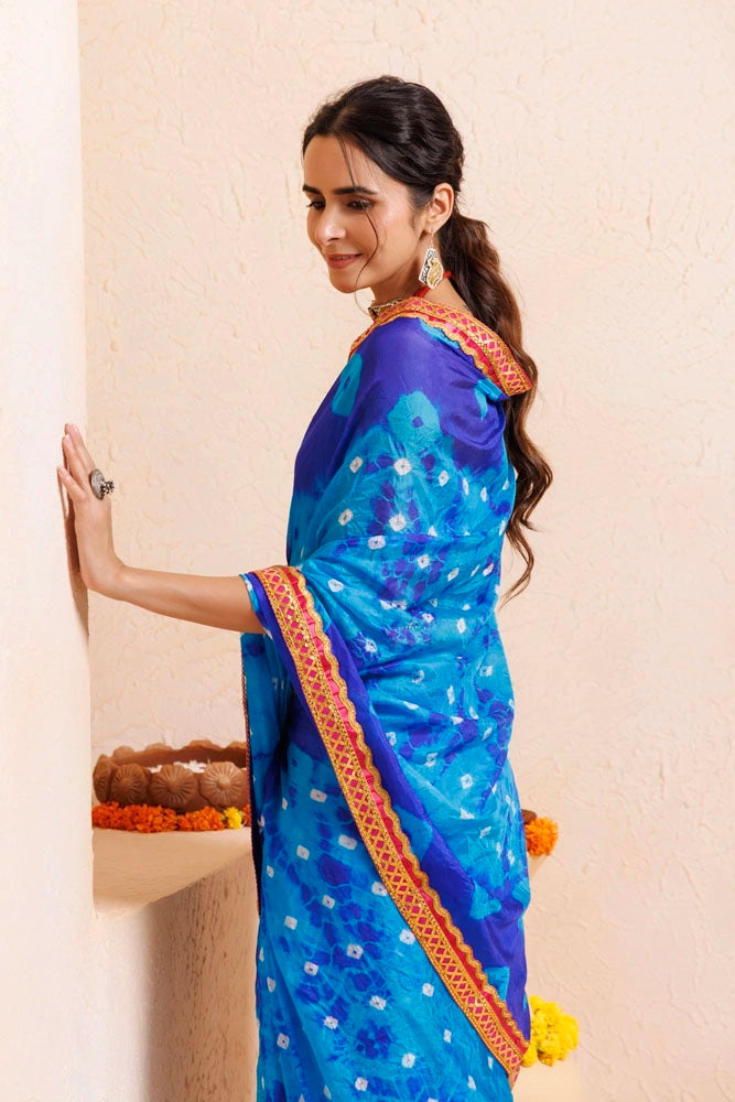 Blue-Turquoise Blue Handwoven Bandhani Silk Saree