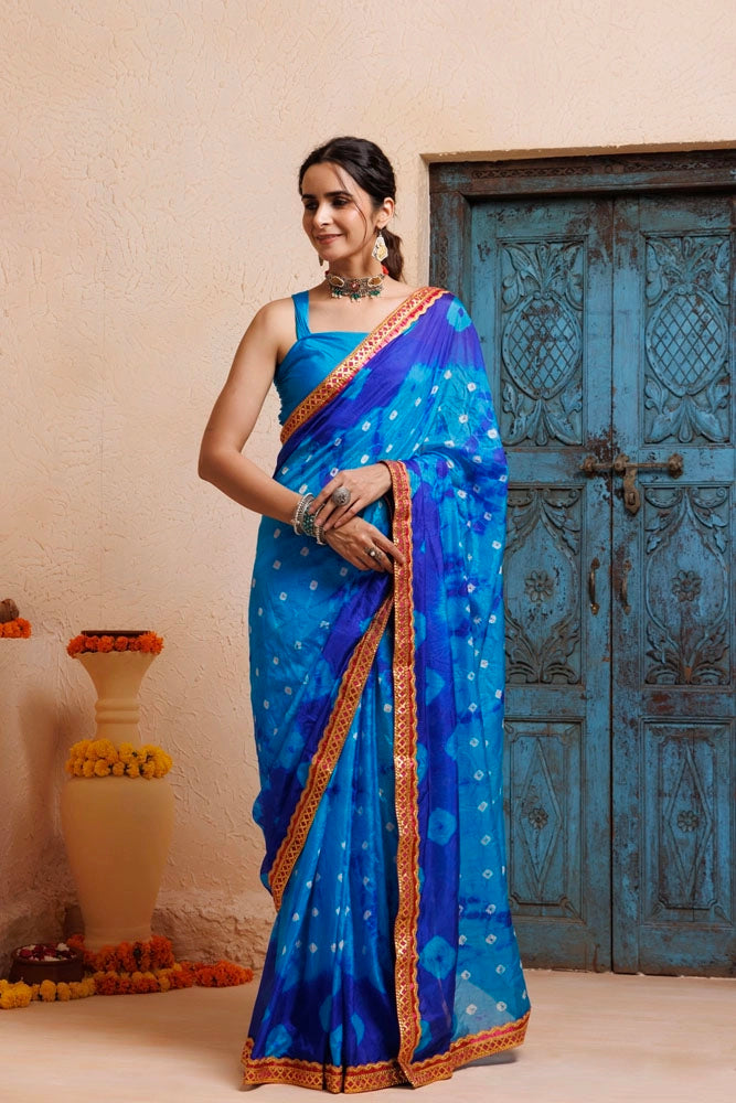 Blue-Turquoise Blue Handwoven Bandhani Silk Saree