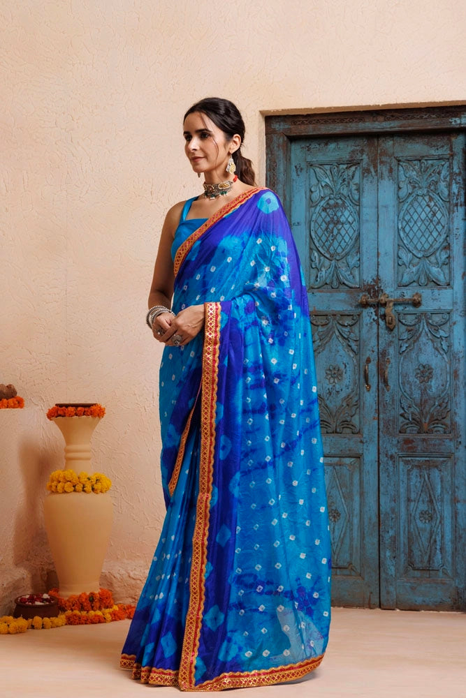 Blue-Turquoise Blue Handwoven Bandhani Silk Saree