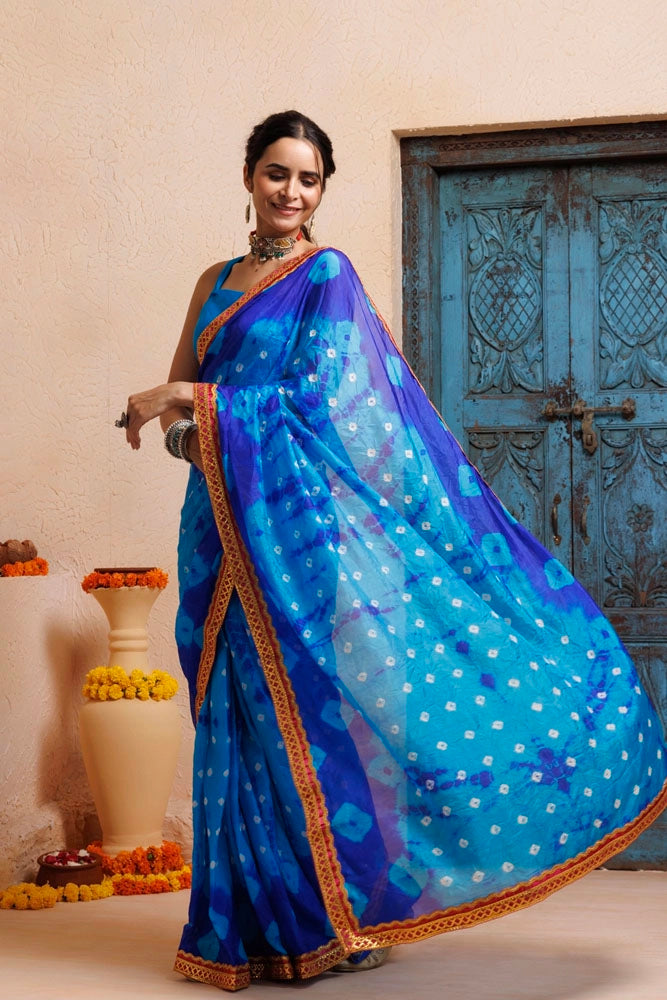 Blue-Turquoise Blue Handwoven Bandhani Silk Saree