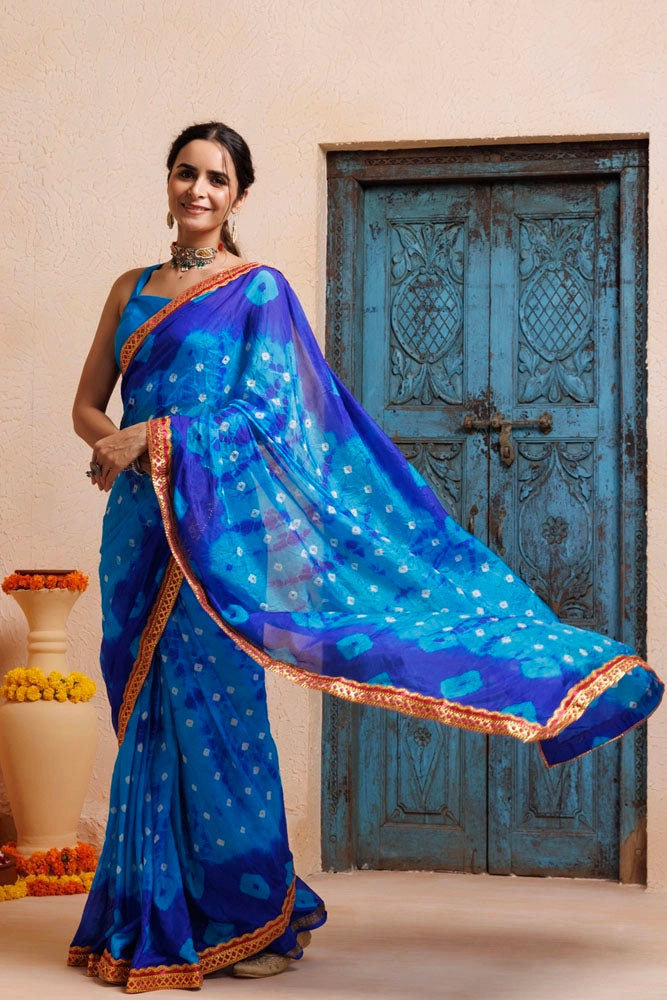 Blue-Turquoise Blue Handwoven Bandhani Silk Saree