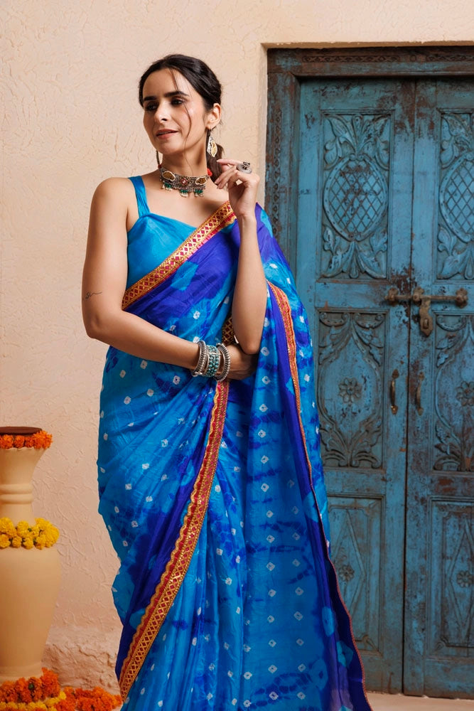 Blue-Turquoise Blue Handwoven Bandhani Silk Saree