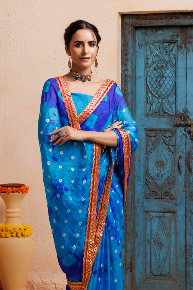 Blue-Turquoise Blue Handwoven Bandhani Silk Saree