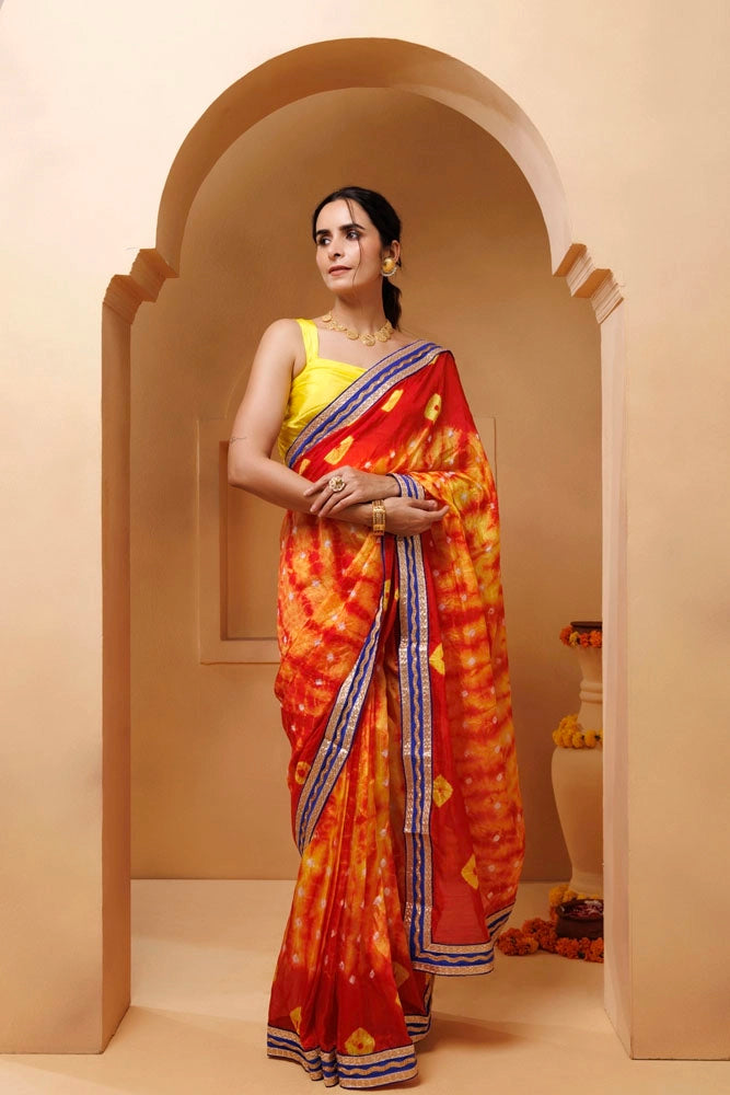 Red-Yellow Shibori Bandhani Draped Silk Saree