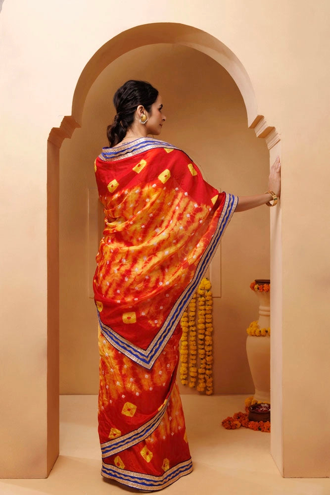 Red-Yellow Shibori Bandhani Draped Silk Saree