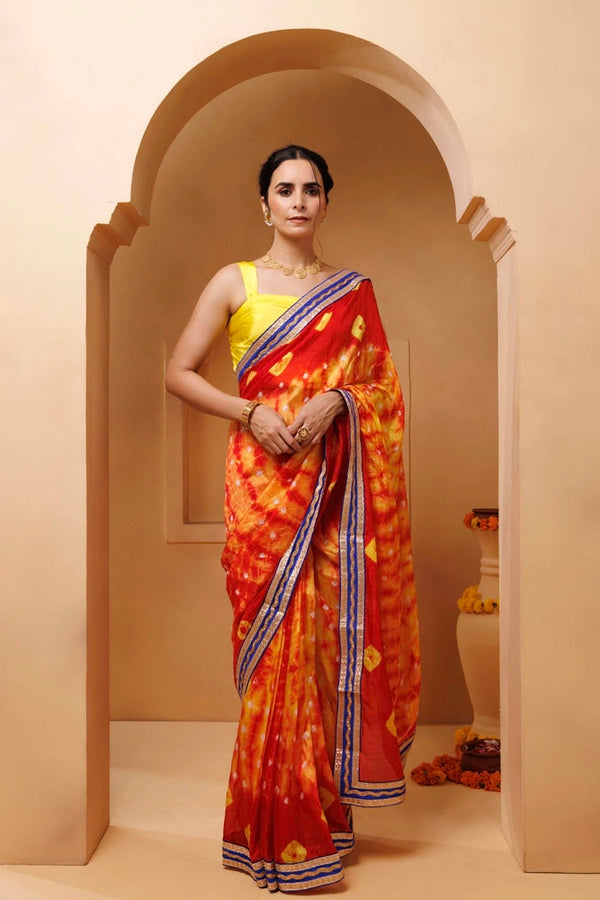 Red-Yellow Shibori Bandhani Draped Silk Saree