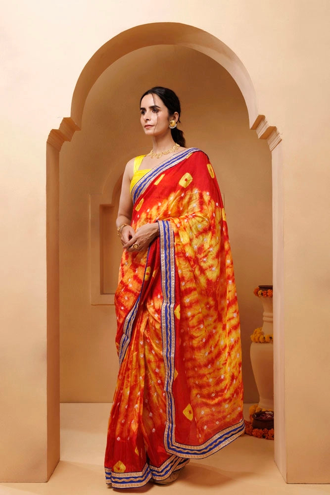 Red-Yellow Shibori Bandhani Draped Silk Saree