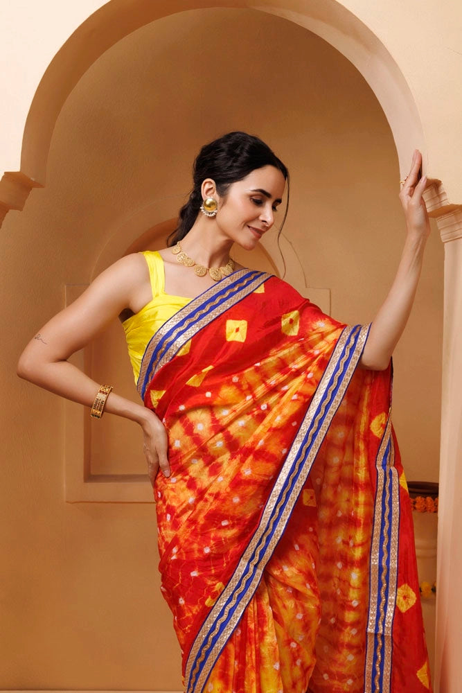 Red-Yellow Shibori Bandhani Draped Silk Saree