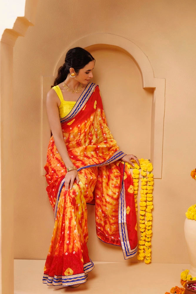 Red-Yellow Shibori Bandhani Draped Silk Saree