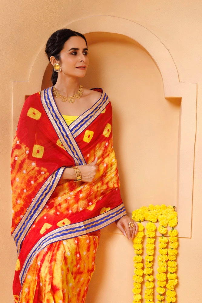 Red-Yellow Shibori Bandhani Draped Silk Saree