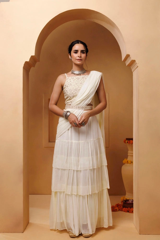 Off White Ruffled Chiffon Saree Ready-To-Wear With Stitched Blouse