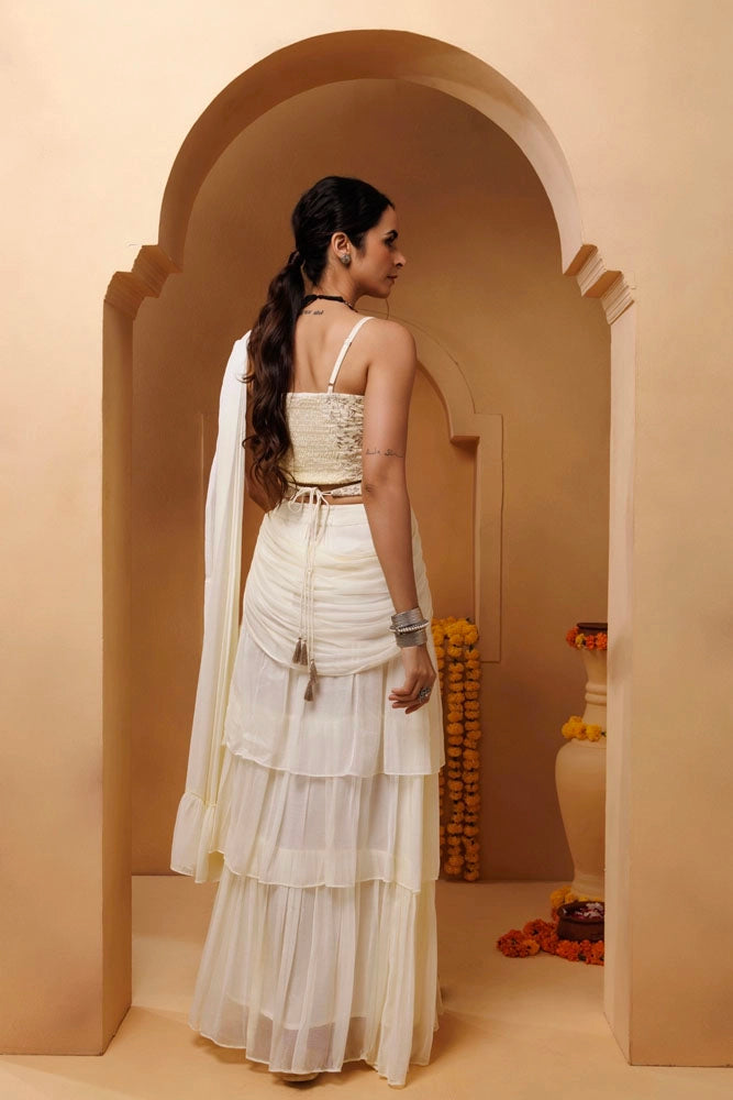 Off White Ruffled Chiffon Saree – Ready-to-Wear with Stitched Blouse