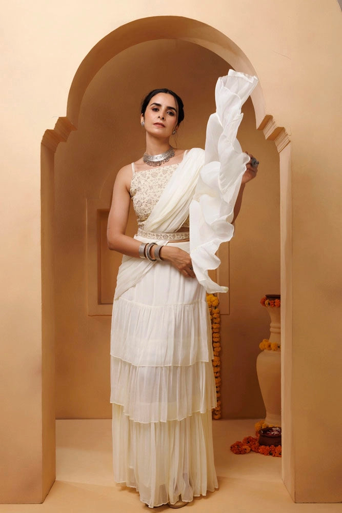 Off White Ruffled Chiffon Saree – Ready-to-Wear with Stitched Blouse