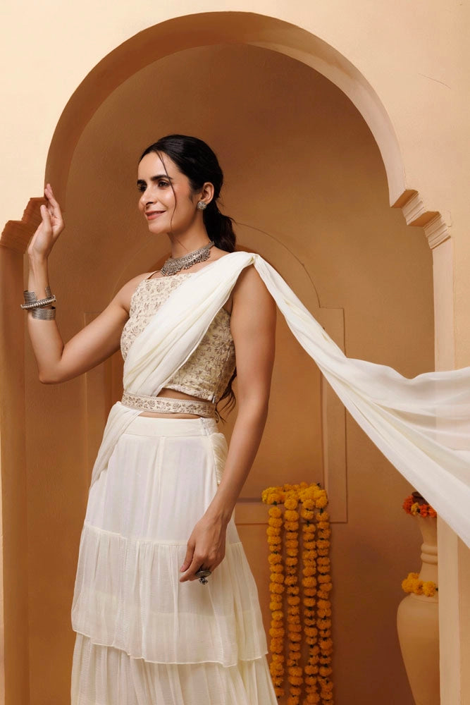 Off White Ruffled Chiffon Saree – Ready-to-Wear with Stitched Blouse