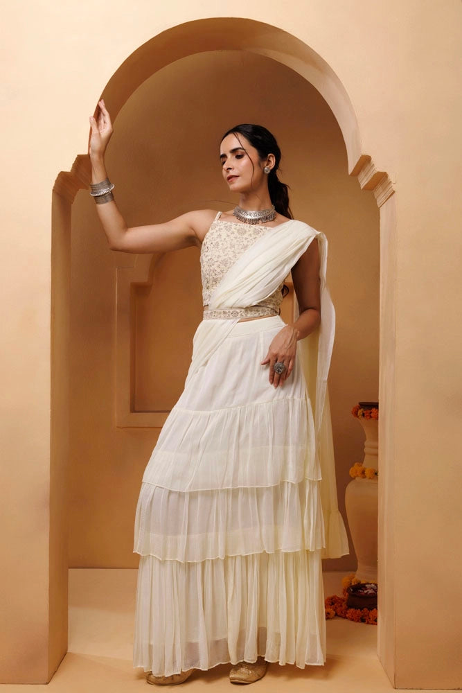 Off White Ruffled Chiffon Saree – Ready-to-Wear with Stitched Blouse