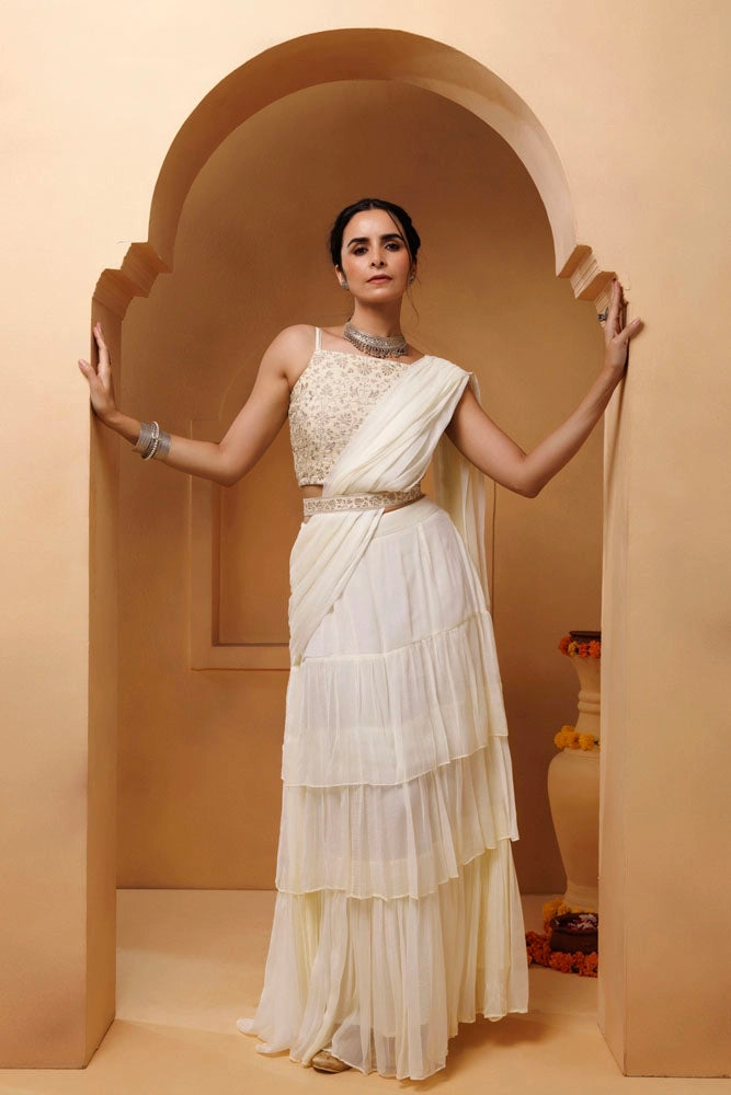 Off White Ruffled Chiffon Saree – Ready-to-Wear with Stitched Blouse