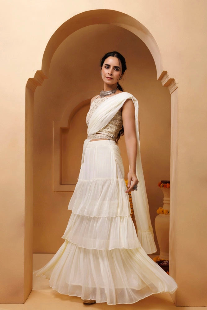 Off White Ruffled Chiffon Saree – Ready-to-Wear with Stitched Blouse