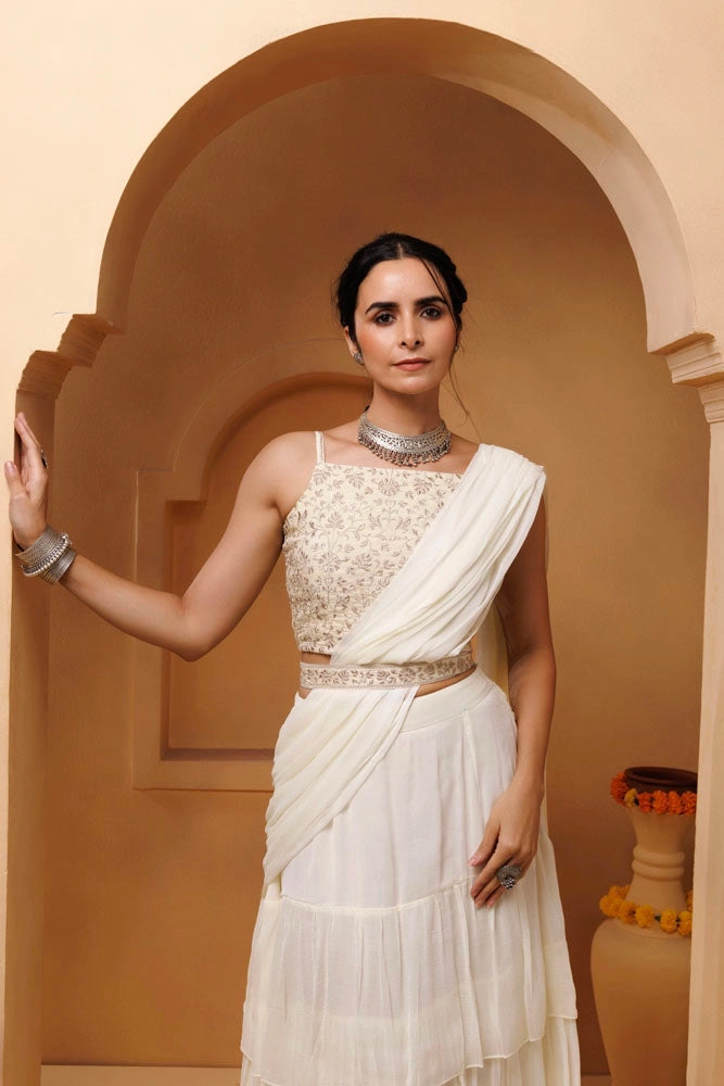 Off White Ruffled Chiffon Saree – Ready-to-Wear with Stitched Blouse