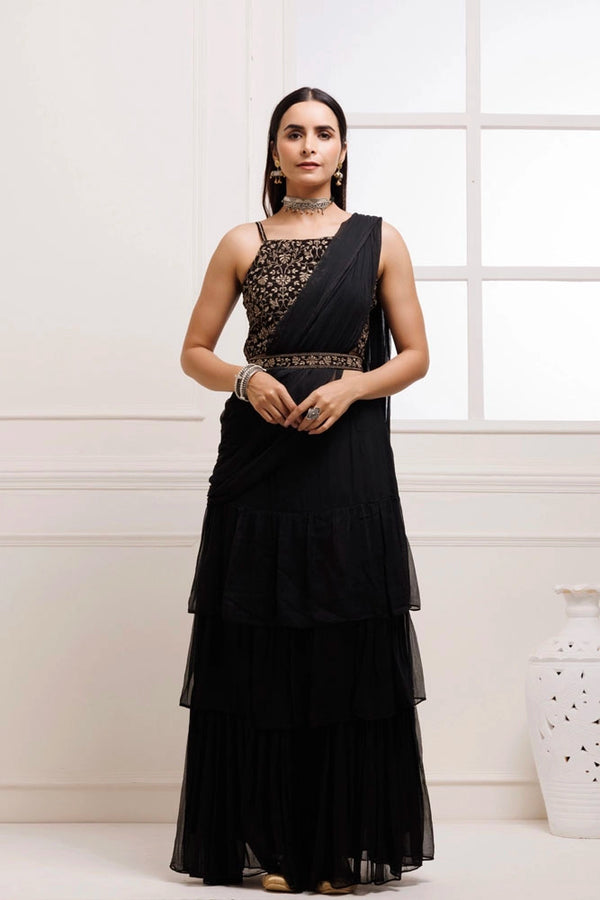 Black Ruffled Chiffon Saree – Ready-to-Wear with Stitched Blouse