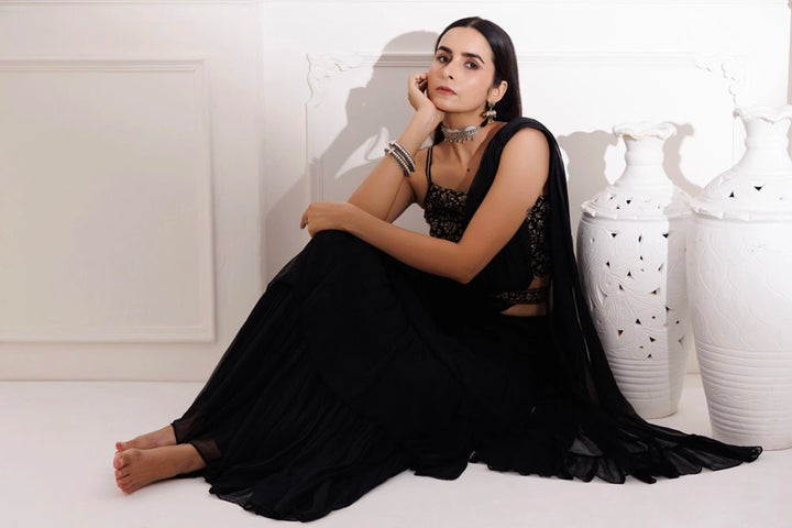 Black Ruffled Chiffon Saree – Ready-to-Wear with Stitched Blouse