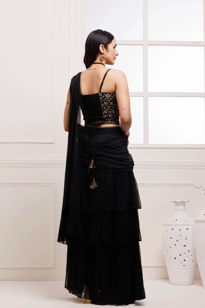 Black Ruffled Chiffon Saree – Ready-to-Wear with Stitched Blouse