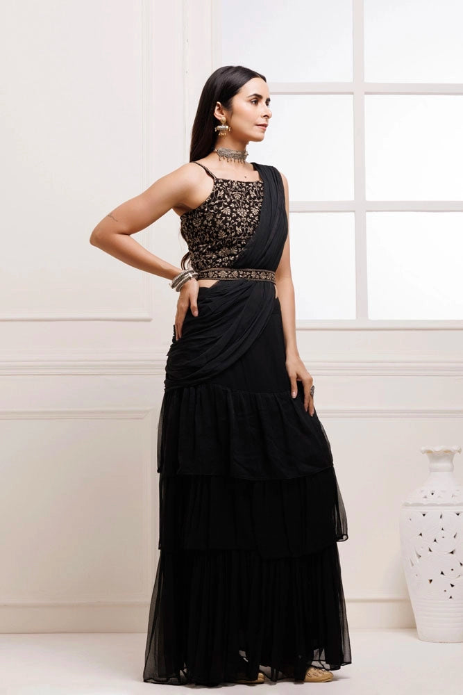 Black Ruffled Chiffon Saree – Ready-to-Wear with Stitched Blouse