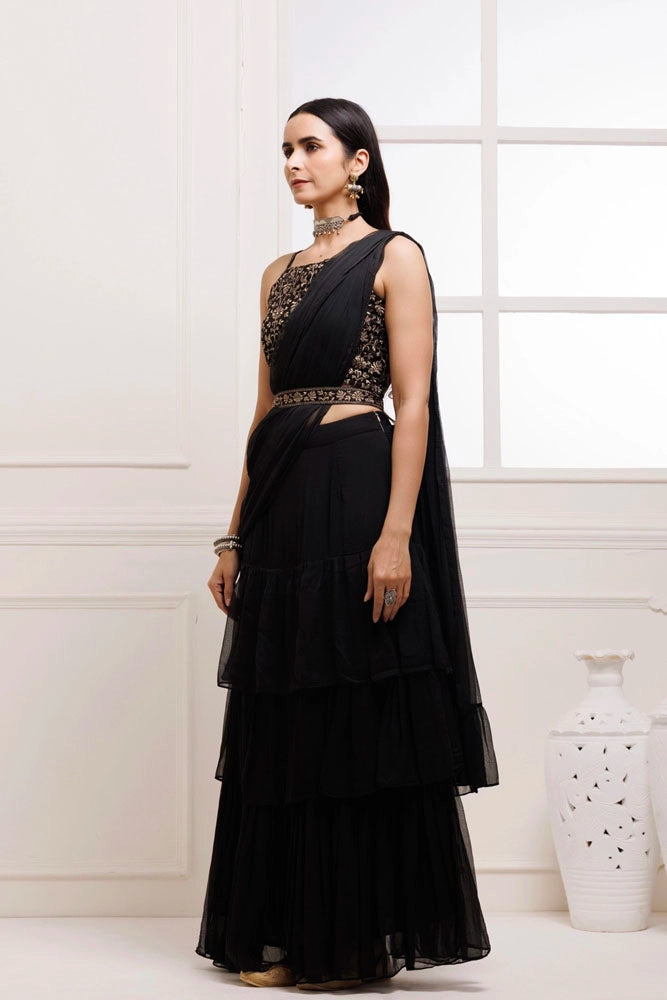 Black Ruffled Chiffon Saree – Ready-to-Wear with Stitched Blouse