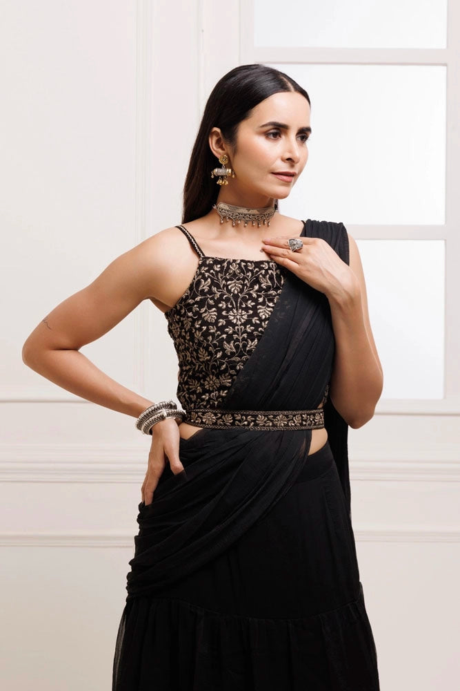 Black Ruffled Chiffon Saree – Ready-to-Wear with Stitched Blouse
