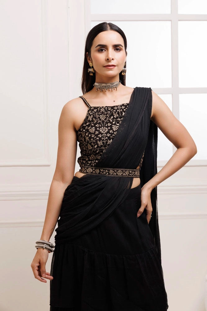 Black Ruffled Chiffon Saree – Ready-to-Wear with Stitched Blouse