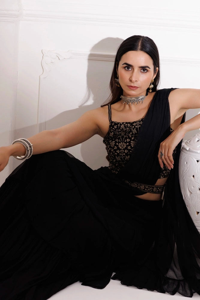 Black Ruffled Chiffon Saree – Ready-to-Wear with Stitched Blouse