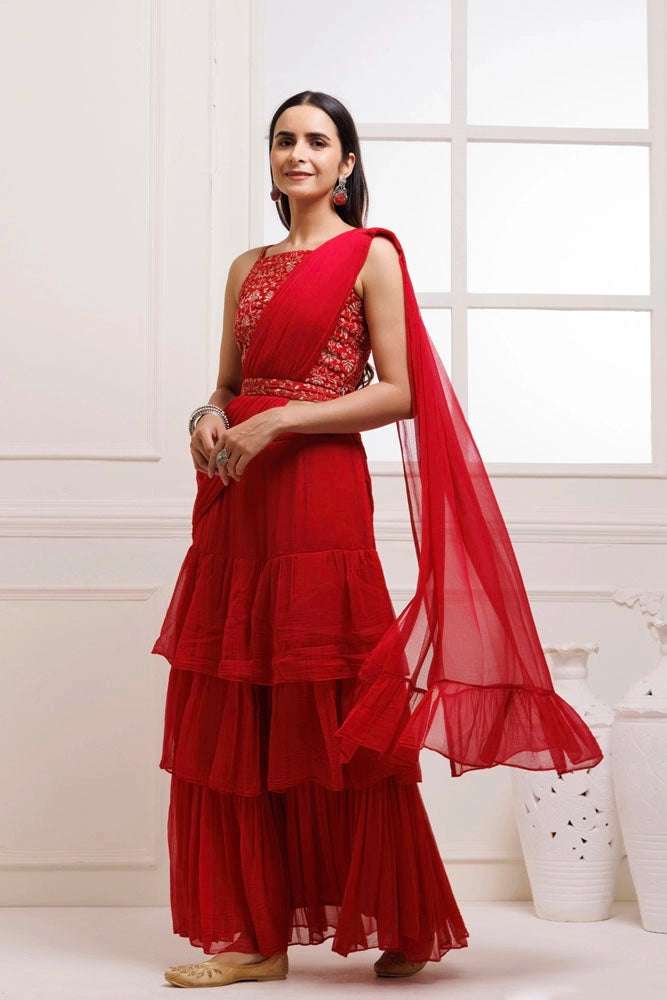 Red  Ruffled Chiffon Saree – Ready-to-Wear with Stitched Blouse